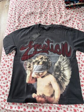 Mixed Emotion - Black Graphic Angel Short-Sleeve Tee with Red 'Emotion' Script